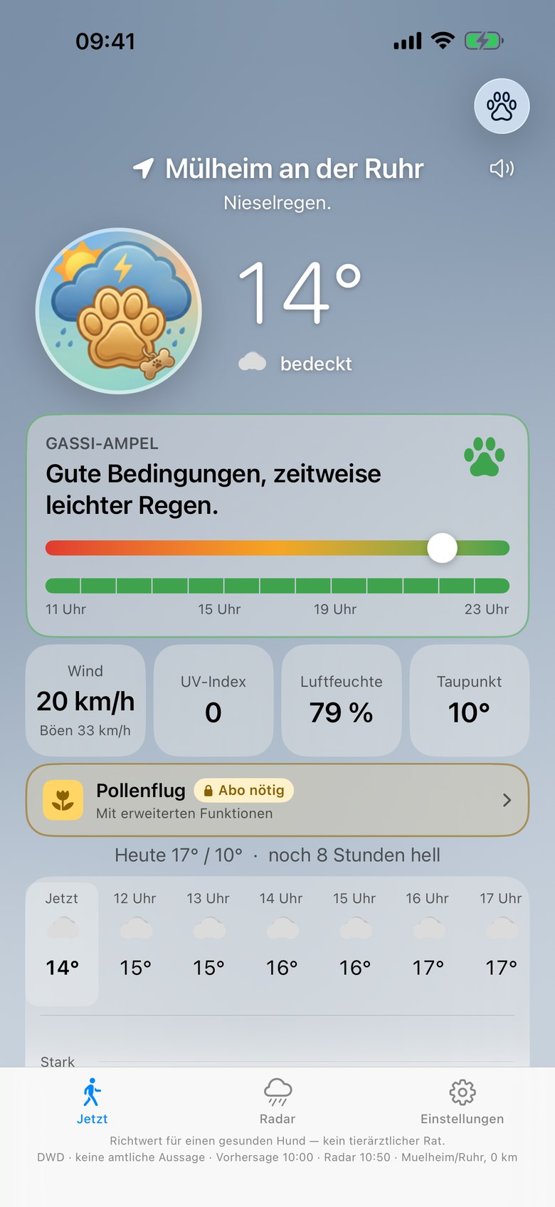 Jetzt-Ansicht der App: das App-Symbol als Avatar neben der Temperatur, darunter die Gassi-Ampel als Karte mit Skala und Tagesband, Messwerte, der gesperrte Pollenflug und die Stundenreihe