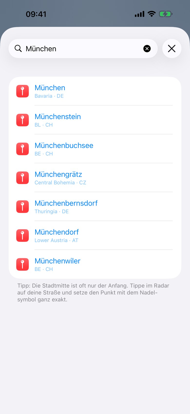Ortseingabe der App: Suchfeld mit „München