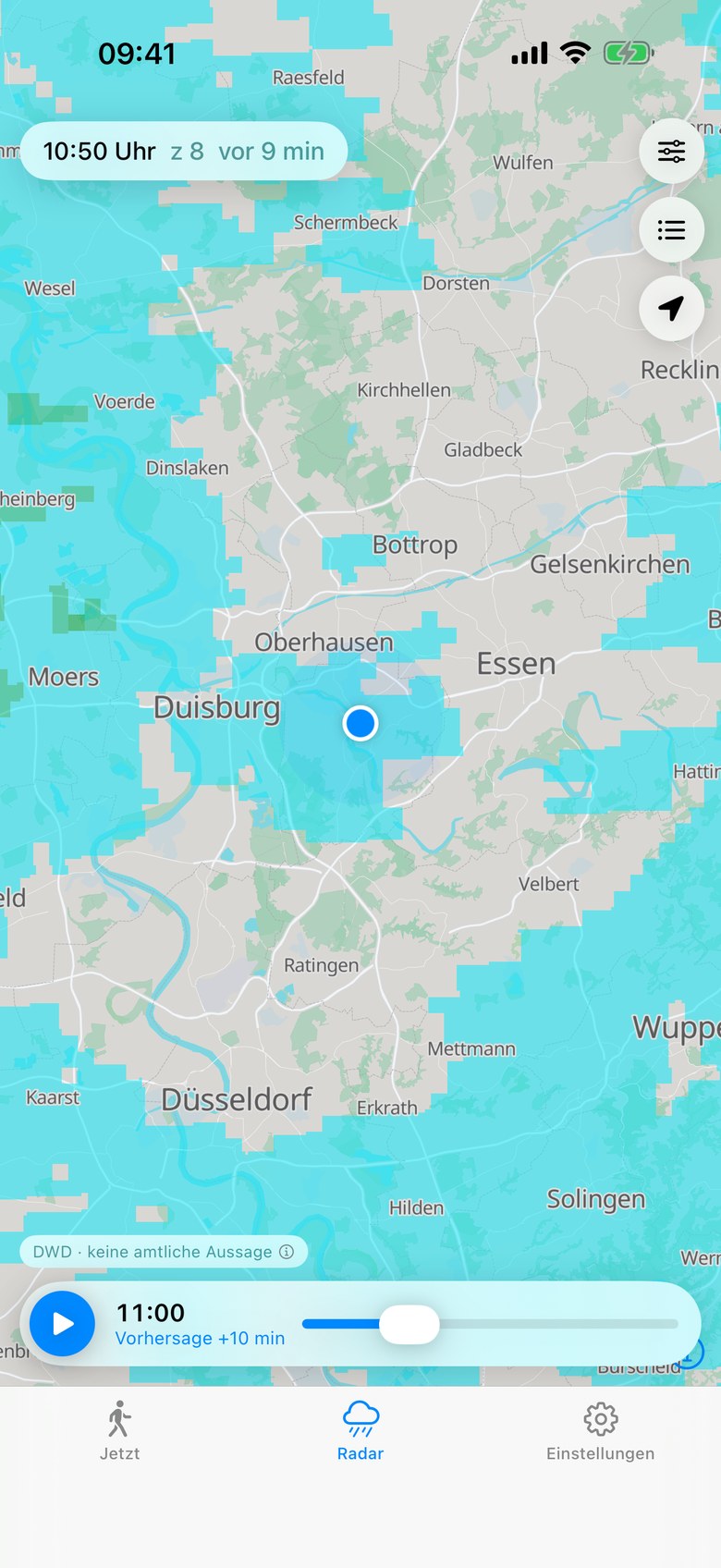 Radaransicht der App: die Karte mit dem eigenen Standort und der Zeitleiste für Rückblick und Vorhersage
